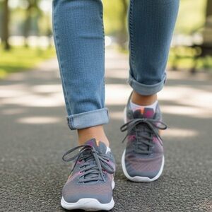 #231 Nike Women's Sneakers in Gray and Orange with Pink Accents